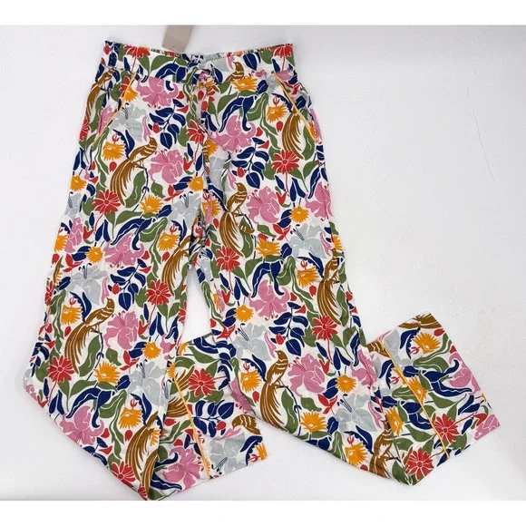 New Boden Pants Womens 6 Multicolor Floral Bird Print Elastic Waist Straight - Picture 2 of 10